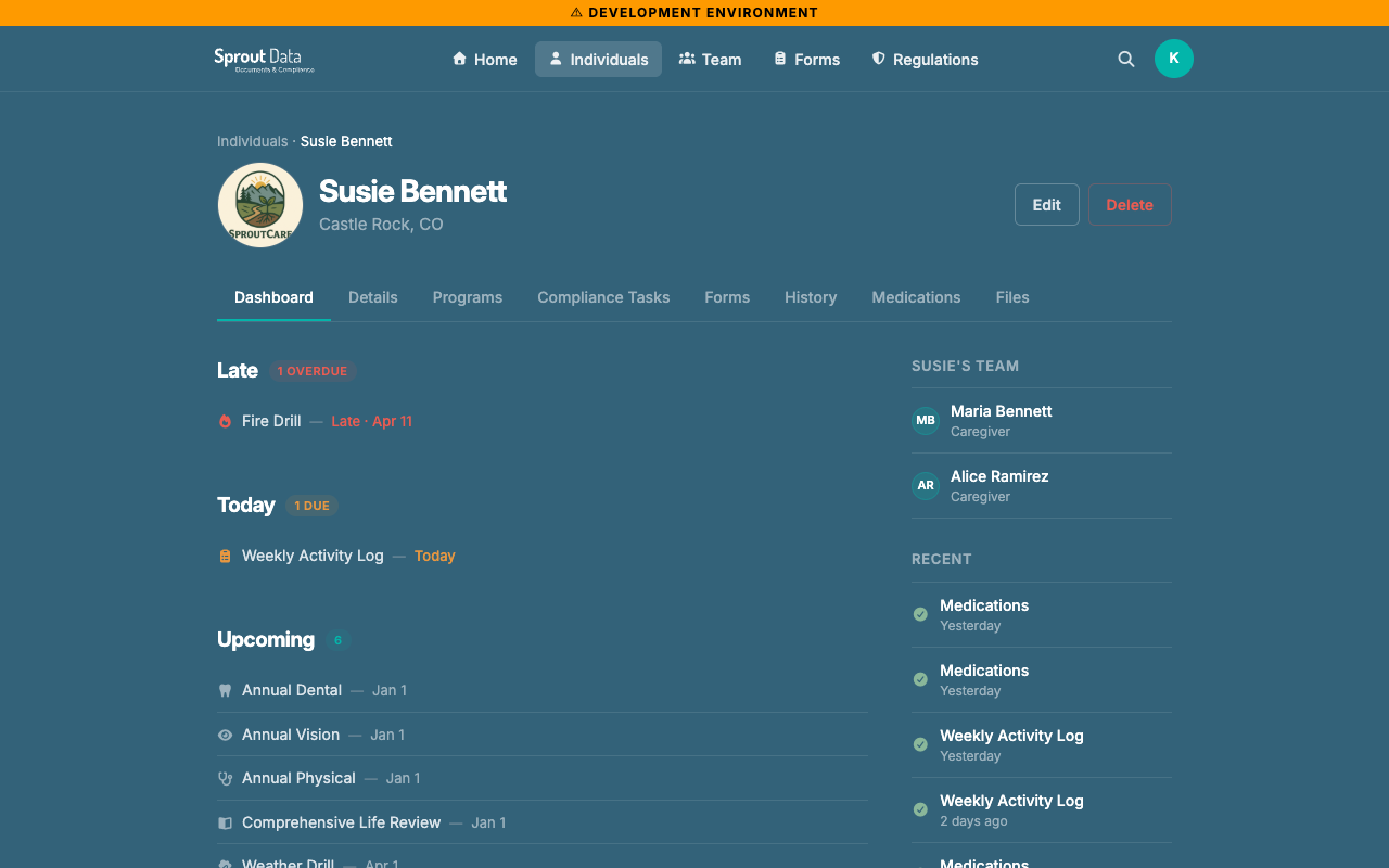 Sprout Data individual dashboard — showing Late, Today, and Upcoming task groupings, team members, and recent activity for one individual.
